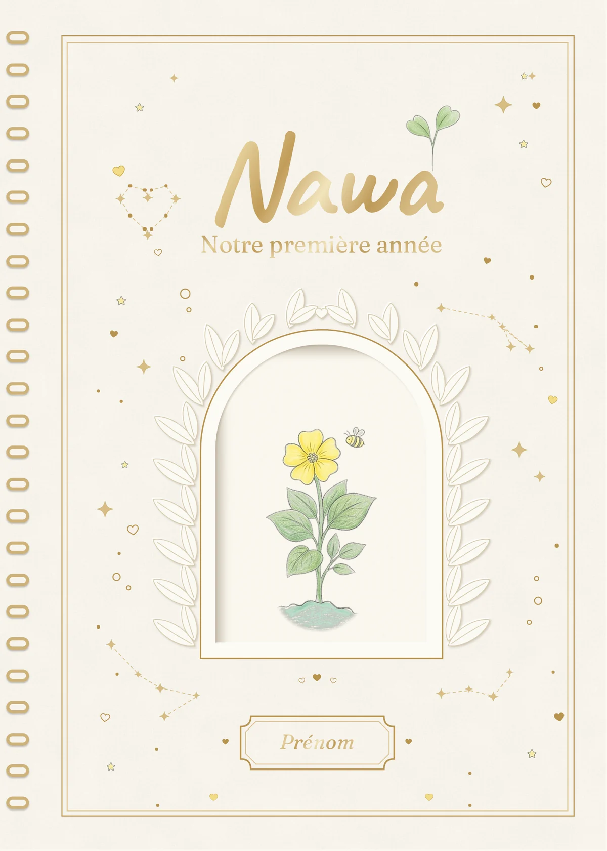 Couverture du planner bébé Nawa : lin crème, dorure champagne et fenêtre en arche avec une fleur